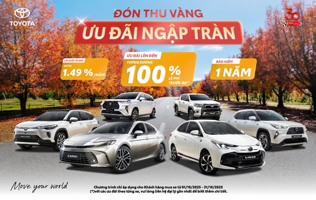 Chương trình khuyến mại Toyota Việt Nam tháng 10/2025 giảm tới 100% thuế Vios, Veloz, Cross, Prado, Yaris Cross lăn bánh